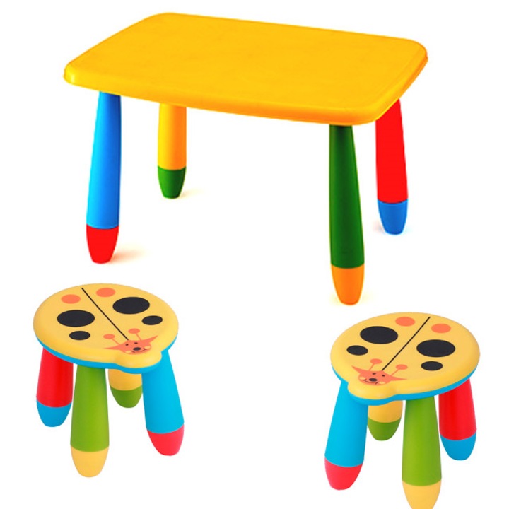Set mobila copii masa MASHA dreptunghiulara 72,5x57cm culoare galbena cu 2 scaune Kalinca culoare galbena