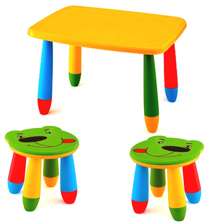 Set mobila copii masa MASHA dreptunghiulara 72,5x57cm culoare galbena cu 2 scaune URSULET verde