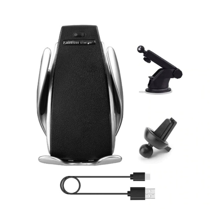 E-smartgadget Autós töltő és telefontartó készlet, QI standard vezeték nélküli, 10W, gyors töltés, szellőzőrácsra szerelhető, tapadókorong, gyorstöltő 12V / 3,5A