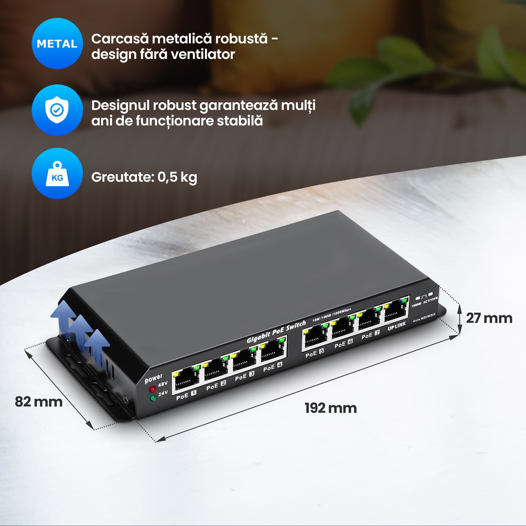 Switch PoE Gigabit Extralink Kratos a 7 porte, 1 collegamento RJ45, 60 W, Plug and Play, doppio fusibile PTC su ogni porta di uscita, corrente massima in ingresso - 2,5 A