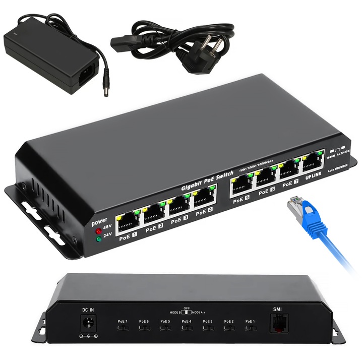 Switch PoE Extralink KRATOS 7x Gigabit PoE 1x uplink RJ45 alimentator 24V 2,5A putere 60W pentru alimentarea camerelor IP punctelor de acces si retele LAN profesional