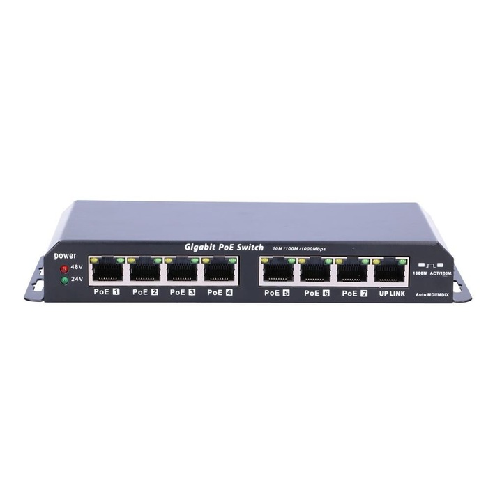 PoE switch Extralink KRATOS, 7x Gigabit PoE port, 1x uplink RJ45, 24V 2.5A tápegység, 60W összteljesítmény, megbízható hálózati eszköz IP kamerákhoz és access pointokhoz, stabil adat- és tápellátás kisvállalati és otthoni hálózatokhoz