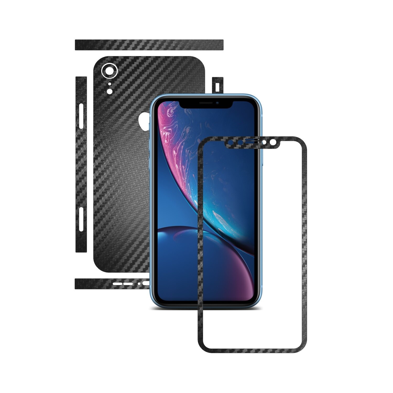 1 + 1 GRATUIT - Apple iPhone XR - Carbon Negru - Folie de protectie Carbon Skinz, Husa Full Body Cover de tip Skin Adeziv pentru Rama Ecran,Carcasa Spate si Laterale