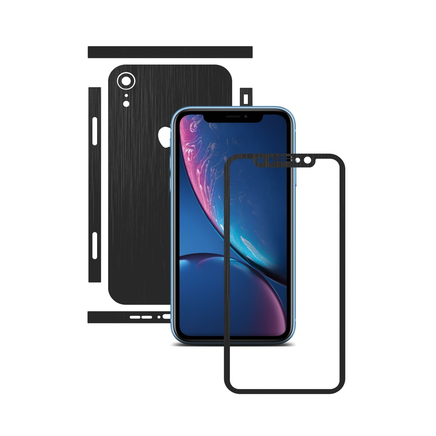 1 + 1 GRATUIT - Apple iPhone XR - Brushed Negru - Folie de protectie Carbon Skinz, Husa Full Body Cover de tip Skin Adeziv pentru Rama Ecran,Carcasa Spate si Laterale