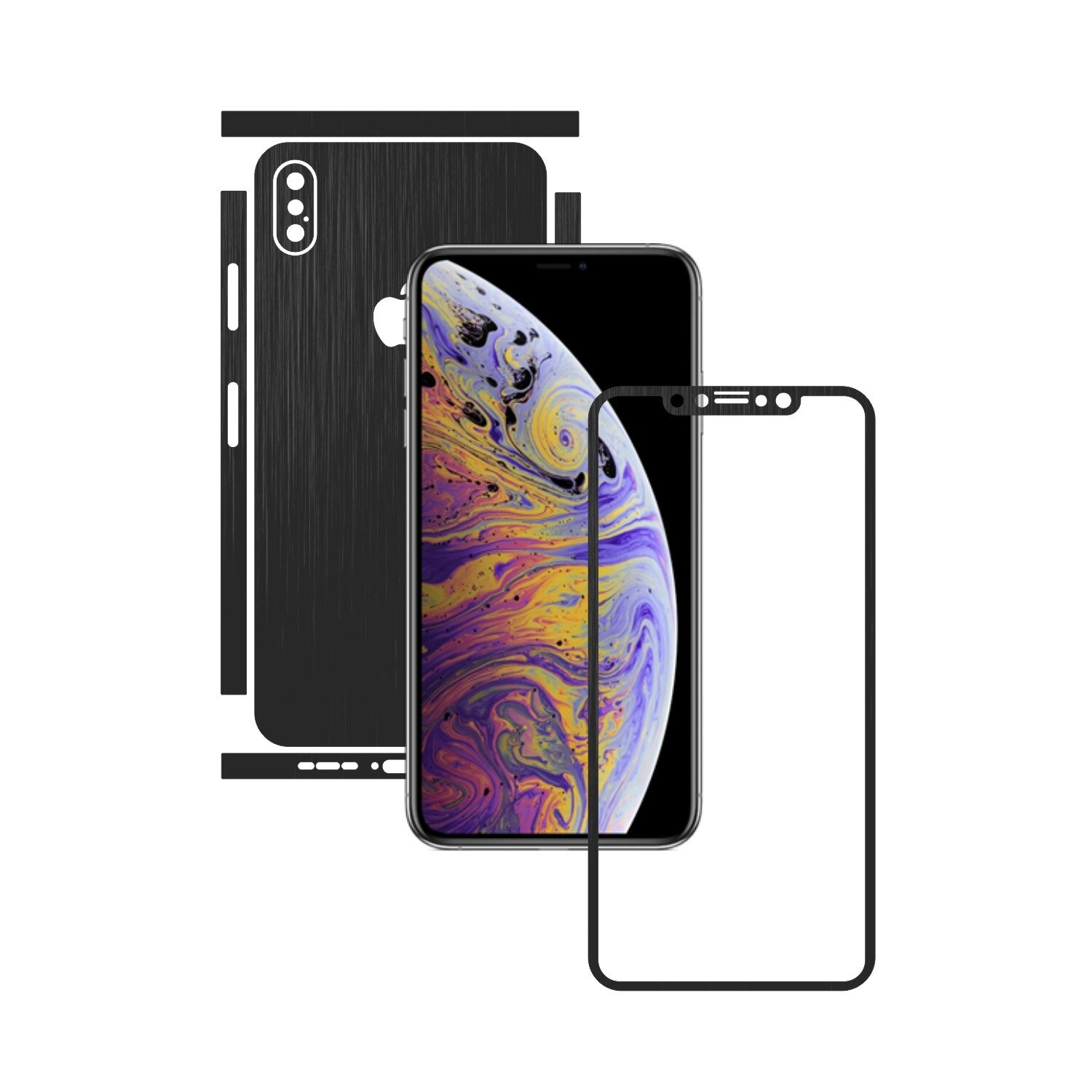 1 + 1 GRATUIT - Apple iPhone XS Max - Brushed Negru - Folie de protectie Carbon Skinz, Husa Full Body Cover de tip Skin Adeziv pentru Rama Ecran,Carcasa Spate si Laterale