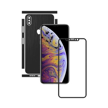 1 + 1 GRATUIT - Apple iPhone XS Max - Brushed Negru - Folie de protectie Carbon Skinz, Husa Full Body Cover de tip Skin Adeziv pentru Rama Ecran,Carcasa Spate si Laterale