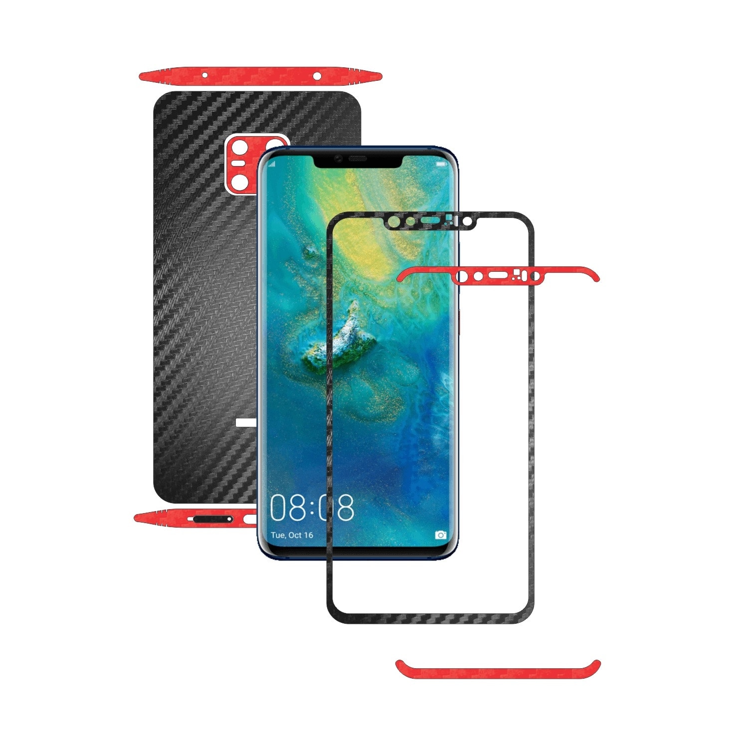 Huawei Mate 20 Pro - Two Tone Negru / Rosu - Folie de protectie Carbon Skinz in Doua Culori, Skin Adeziv Full Body Cover pentru Rama Ecran,Carcasa Spate si Laterale