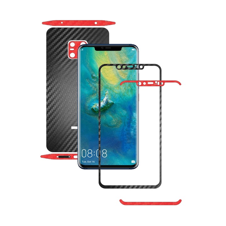 Huawei Mate 20 Pro – két tónusú fekete/piros – Carbon Skinz védőfólia két színben, öntapadós bőr teljes burkolat a képernyőkerethez, hát- és oldalborító