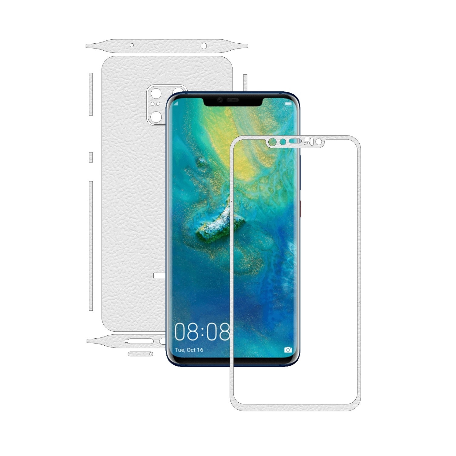 Huawei Mate 20 Pro - Piele Alba - Split Cut - Folie de protectie Carbon Skinz, Skin Adeziv Full Body Cover pentru Rama Ecran,Carcasa Spate si Laterale