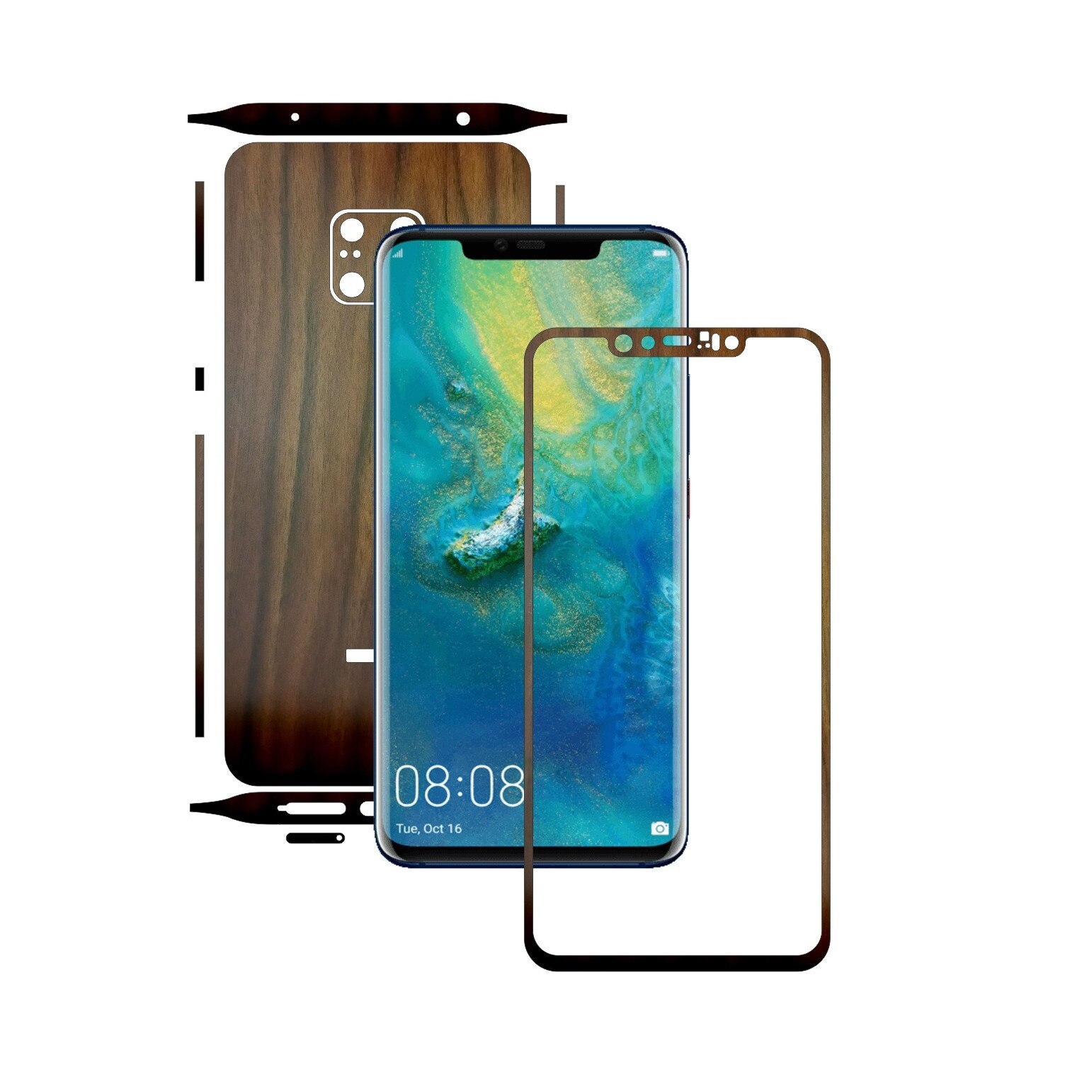 Huawei Mate 20 Pro - Lemn Nuc Inchis - Split Cut - Folie de protectie Carbon Skinz, Skin Adeziv Full Body Cover pentru Rama Ecran,Carcasa Spate si Laterale