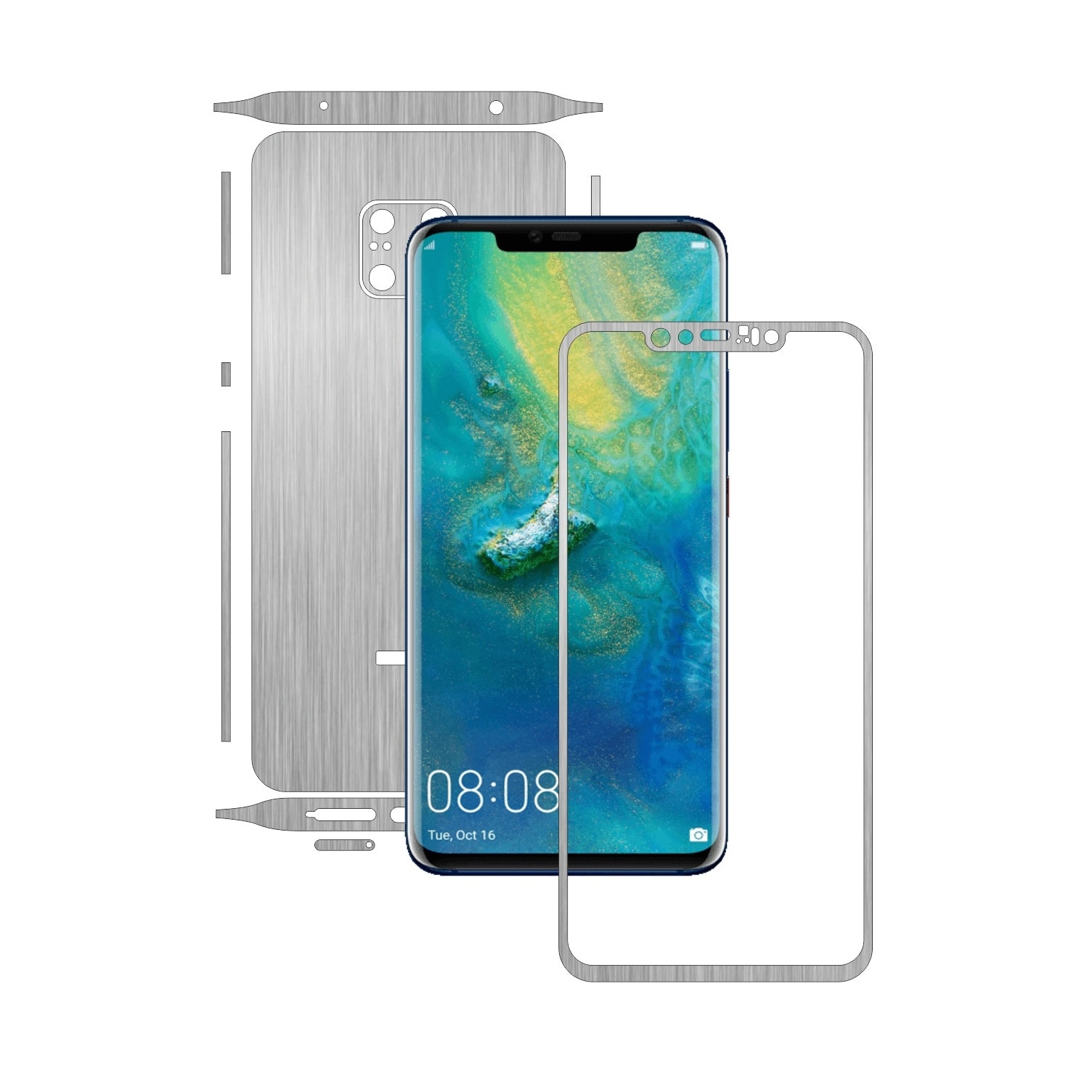 Huawei Mate 20 Pro - Brushed Argintiu - Split Cut - Folie de protectie Carbon Skinz, Skin Adeziv Full Body Cover pentru Rama Ecran,Carcasa Spate si Laterale