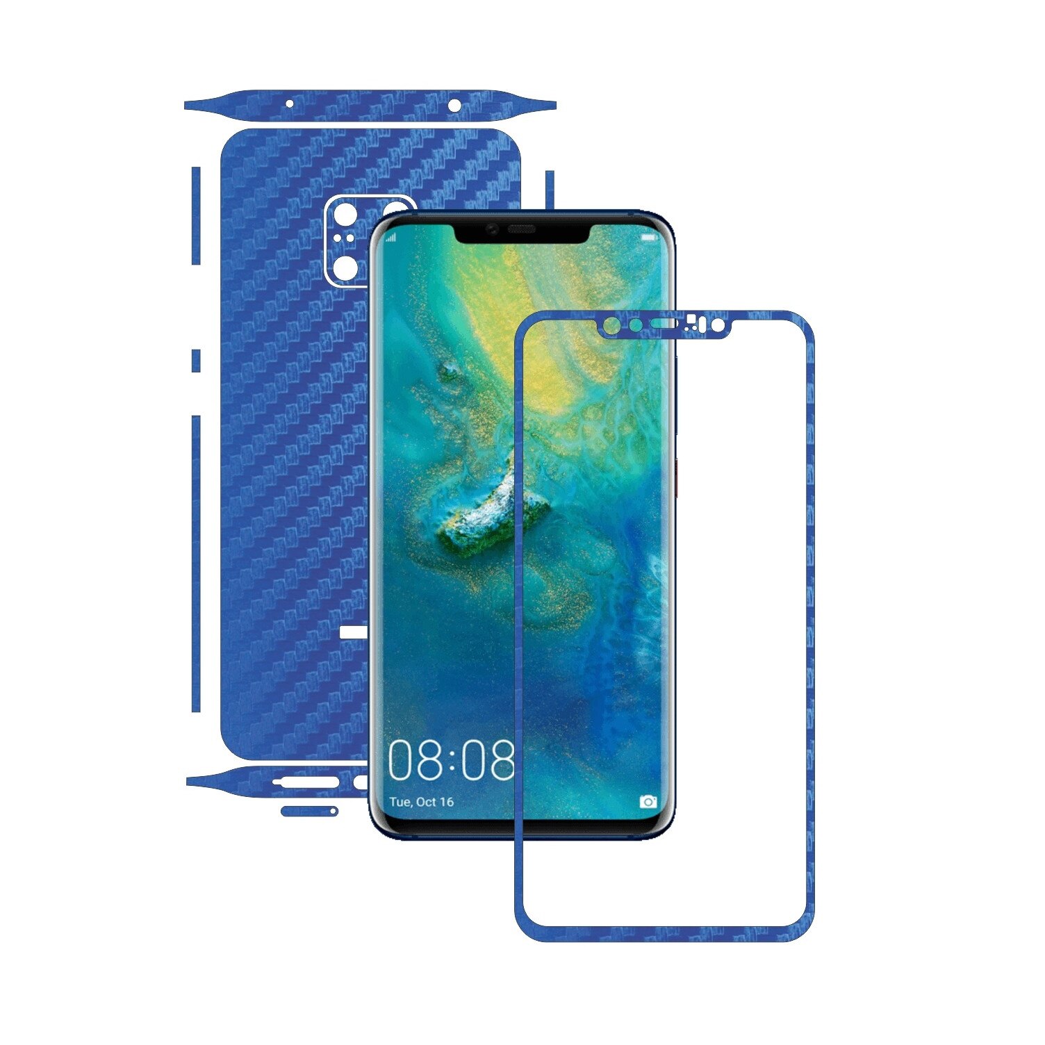 Huawei Mate 20 Pro - Carbon Albastru - Split Cut - Folie de protectie Carbon Skinz, Skin Adeziv Full Body Cover pentru Rama Ecran,Carcasa Spate si Laterale