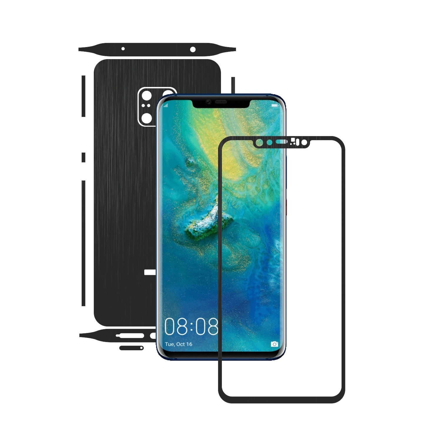 Huawei Mate 20 Pro - Brushed Negru - Split Cut - Folie de protectie Carbon Skinz, Skin Adeziv Full Body Cover pentru Rama Ecran,Carcasa Spate si Laterale