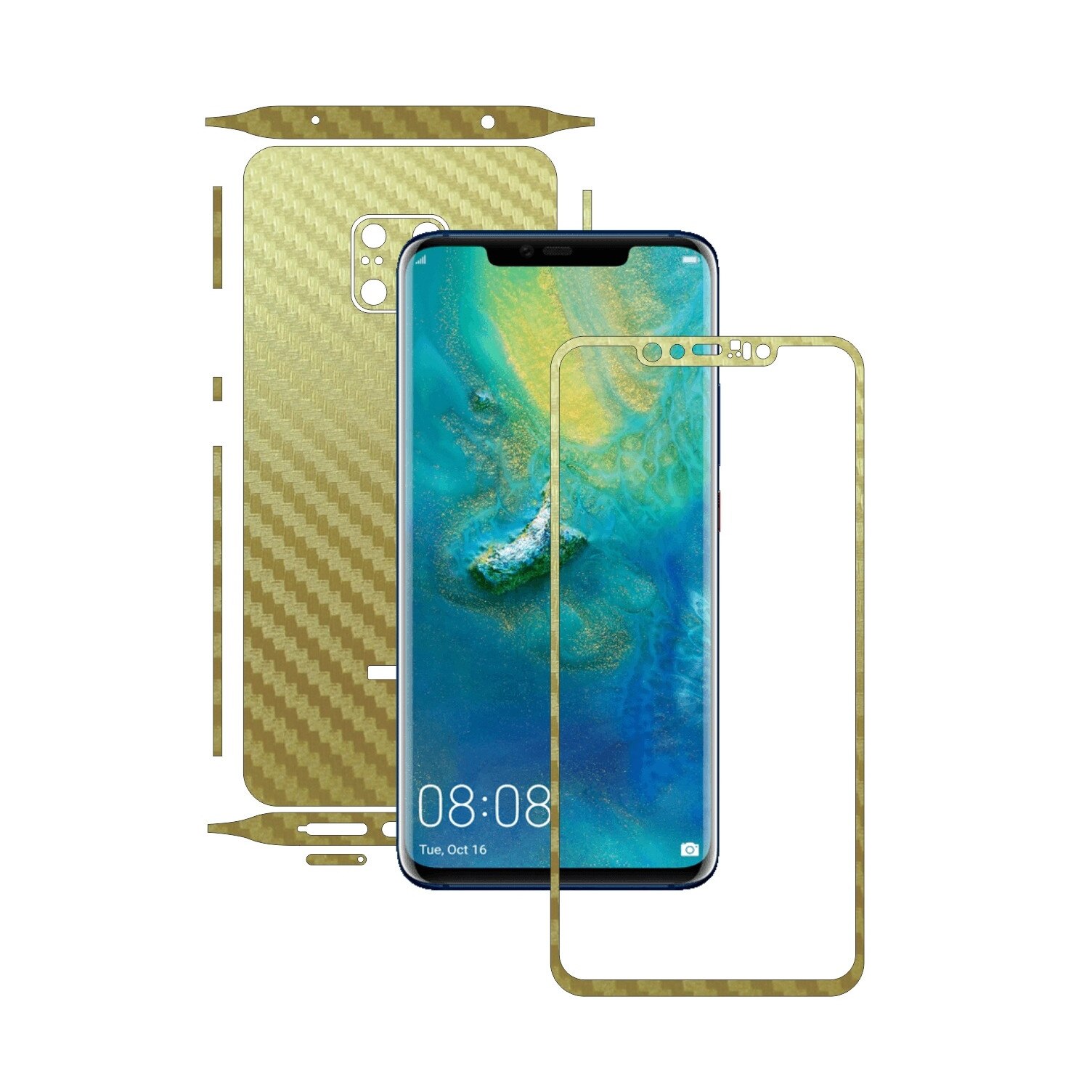 Huawei Mate 20 Pro - Carbon Auriu - Split Cut - Folie de protectie Carbon Skinz, Skin Adeziv Full Body Cover pentru Rama Ecran,Carcasa Spate si Laterale
