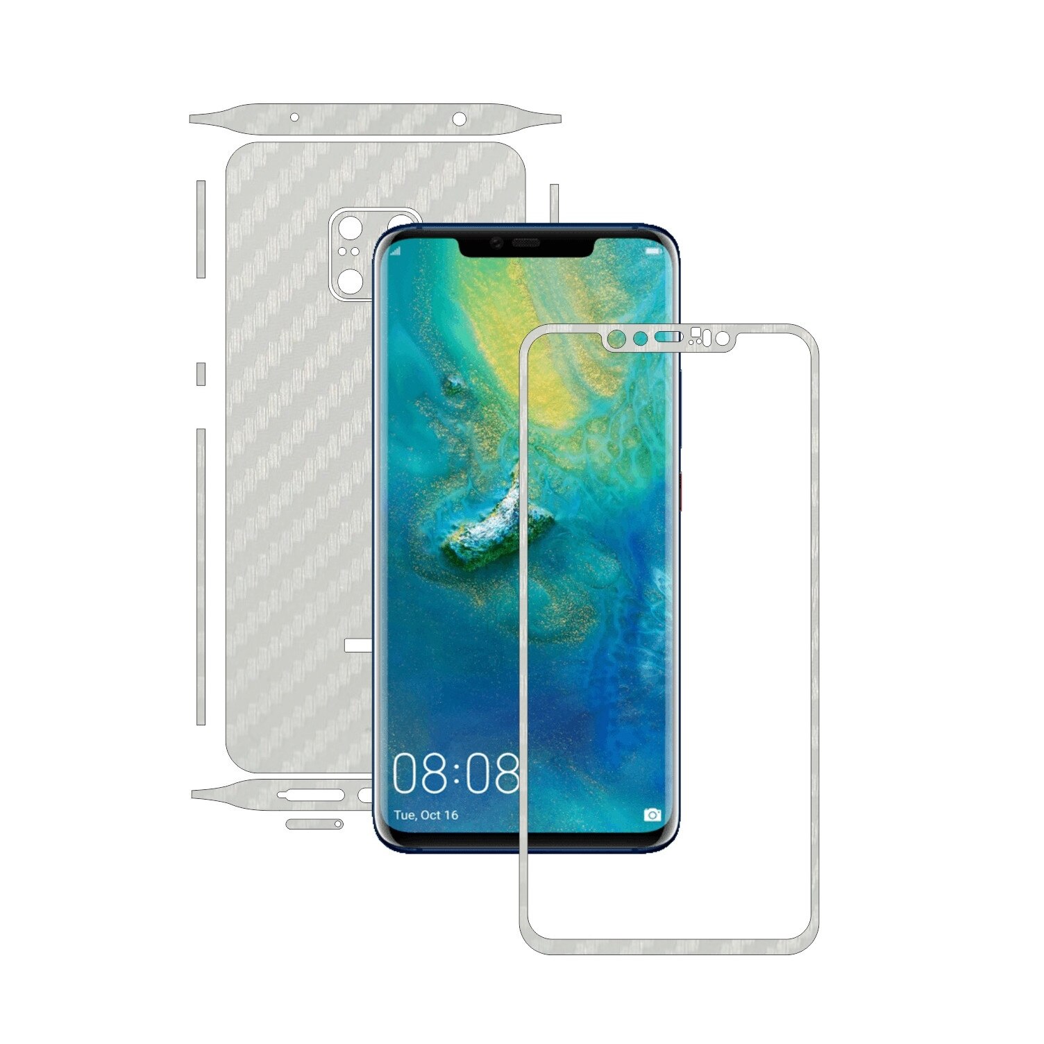 Huawei Mate 20 Pro - Carbon Alb - Split Cut - Folie de protectie Carbon Skinz, Skin Adeziv Full Body Cover pentru Rama Ecran,Carcasa Spate si Laterale