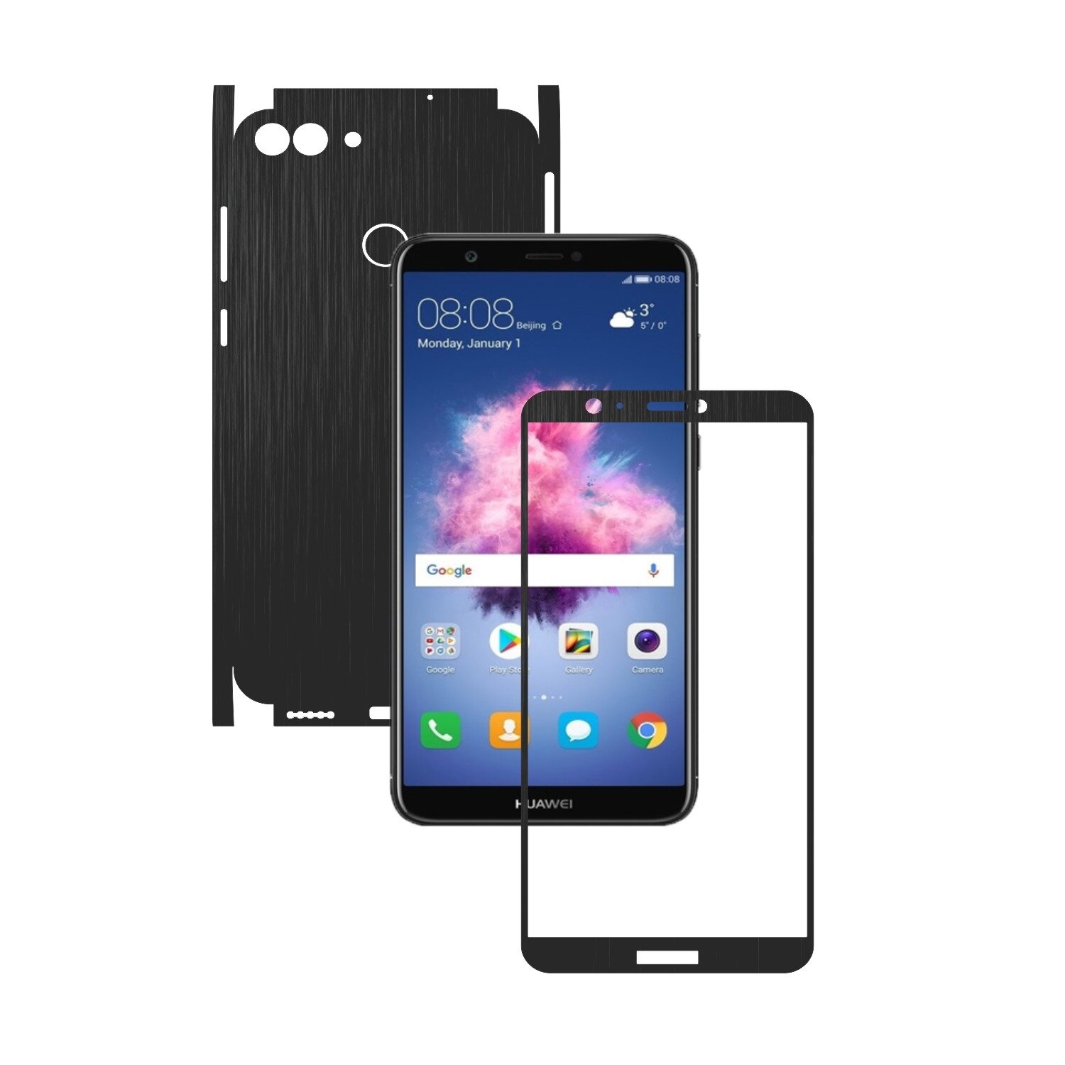 1 + 1 GRATUIT - Huawei P Smart - Brushed Negru - Folie de protectie Carbon Skinz, Husa Full Body Cover de tip Skin Adeziv pentru Rama Ecran,Carcasa Spate si Laterale