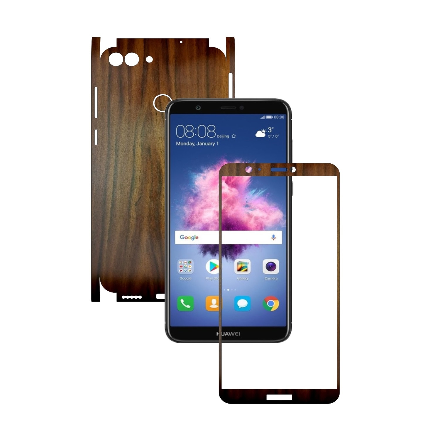 Folie de protectie Carbon Skinz, Husa de tip Skin Adeziv pentru Carcasa, Lemn Nuc Inchis dedicata Huawei P Smart