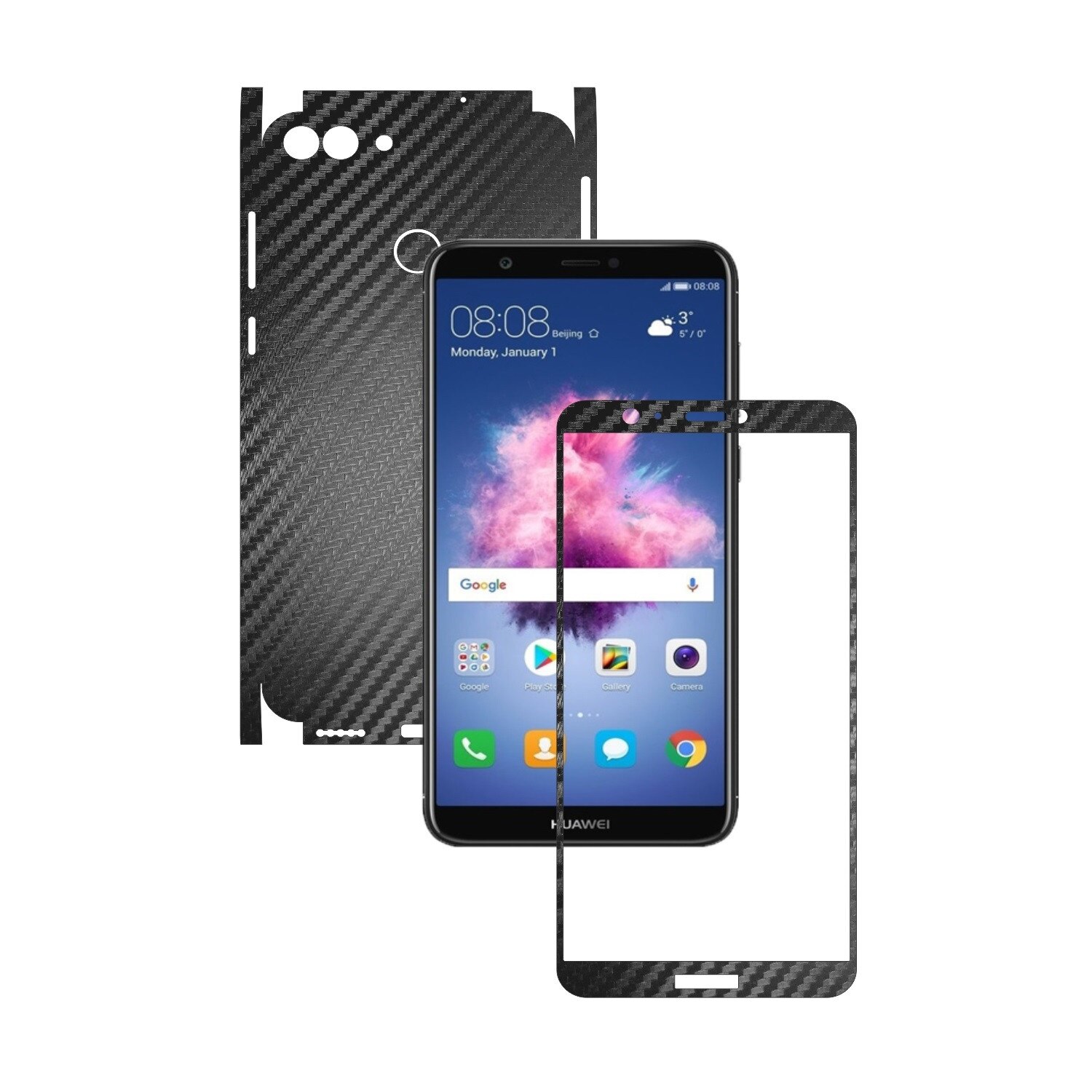 1 + 1 GRATUIT - Huawei P Smart 2018 - Carbon Negru - Folie de protectie Carbon Skinz, Husa Full Body Cover de tip Skin Adeziv pentru Rama Ecran,Carcasa Spate si Laterale