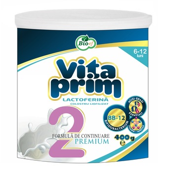 Lapte praf, Bioef, Vitaprim 2, formula de continuare intre 6 si 12 luni, 400g Lapte praf, Bioef, Vitaprim 2, formula de continuare intre 6 si 12 luni, 400g