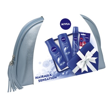 Set ingrijire par Nivea Hairmilk Sensation pentru par deteriorat: Sampon, 250 ml + Balsam, 200 ml + Fixativ Care & Hold, 250 ml + Balsam de buze Cherry Shine, 4.8 g Set ingrijire par Nivea Hairmilk Sensation pentru par deteriorat: Sampon, 250 ml + Balsam, 200 ml + Fixativ Care & Hold, 250 ml + Balsam de buze Cherry Shine, 4.8 g