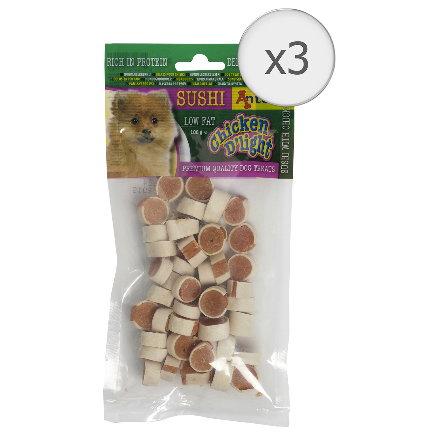 Recompense pentru caini Antos Chicken D'Light Sushi, 3x100g