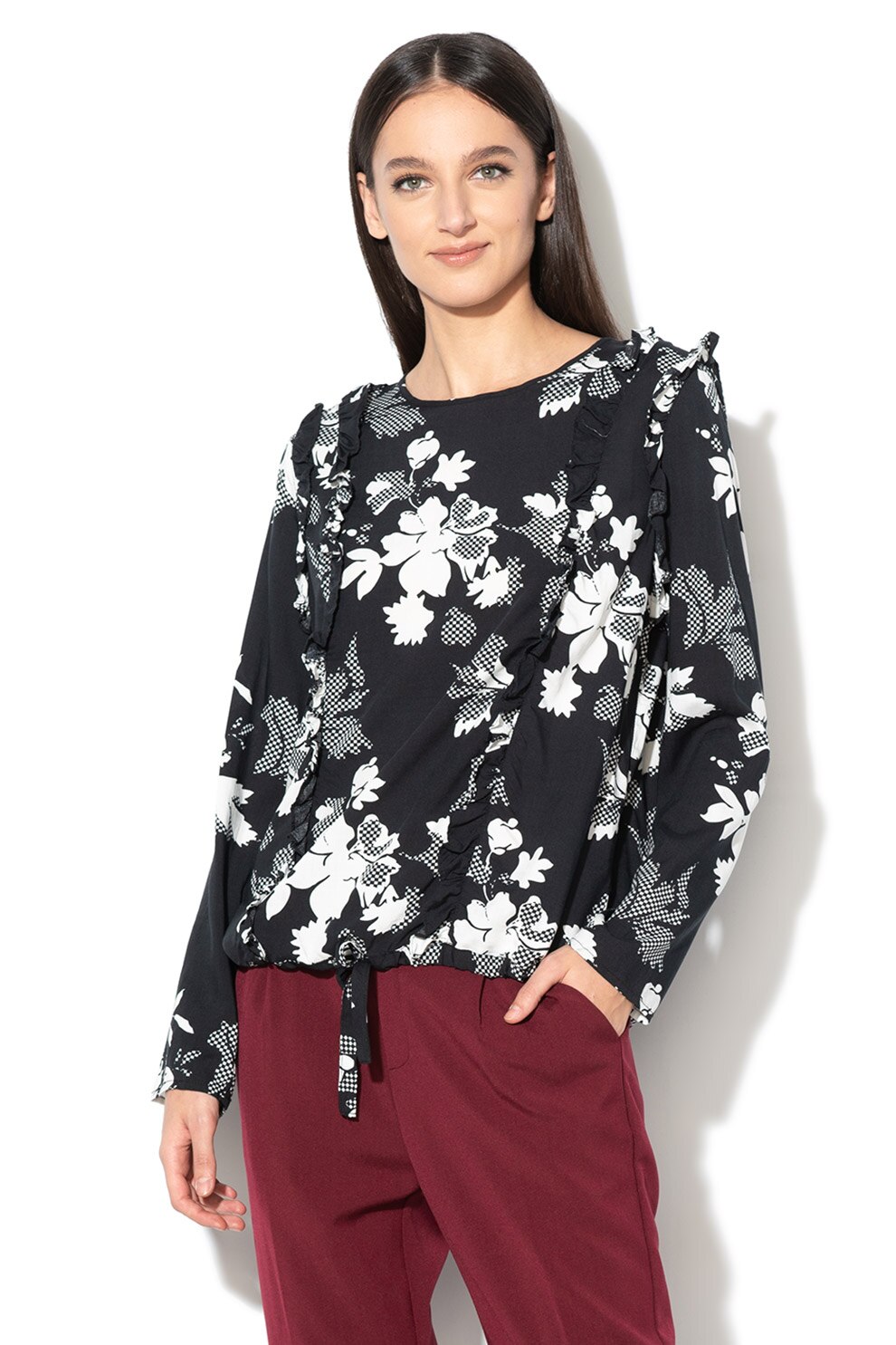 Broadway, Bluza cu model floral si detalii cu volane Lola, Negru/Alb, M