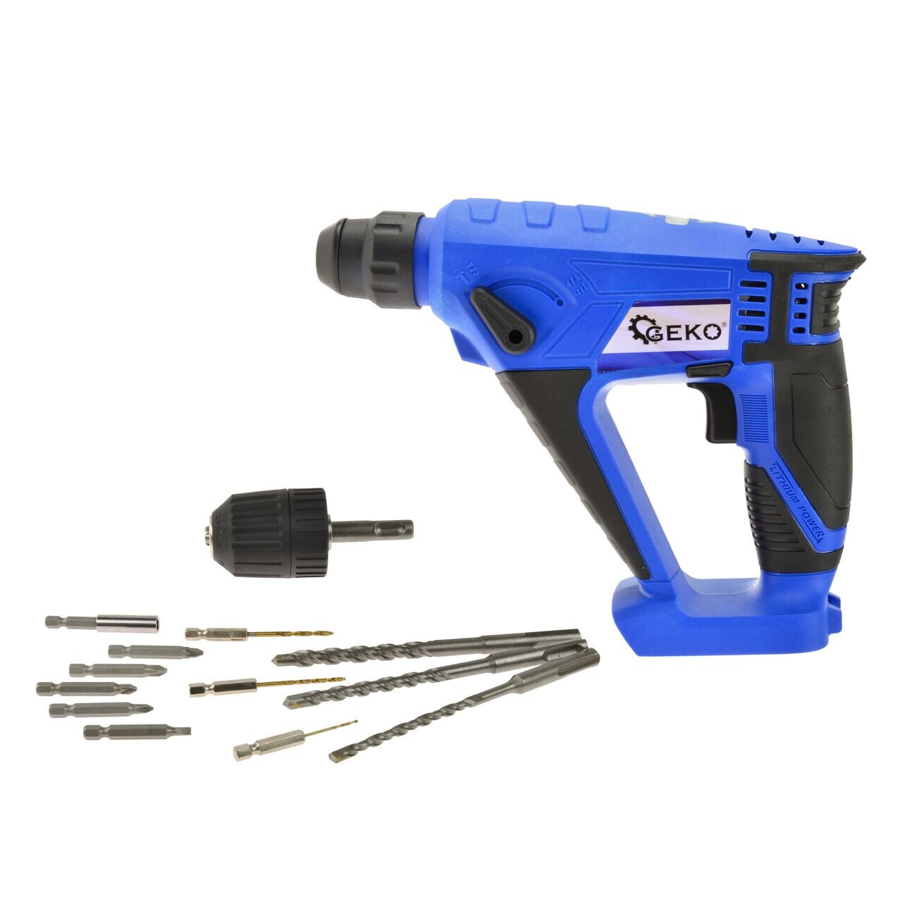 Ciocan rotopercutor Geko Li-ion 18V, fara acumulator + 12 accesorii