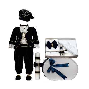 Set botez Printul Fericit din catifea bleumarin, patru piese, varsta 6-9 luni Set botez Printul Fericit din catifea bleumarin, patru piese, varsta 6-9 luni