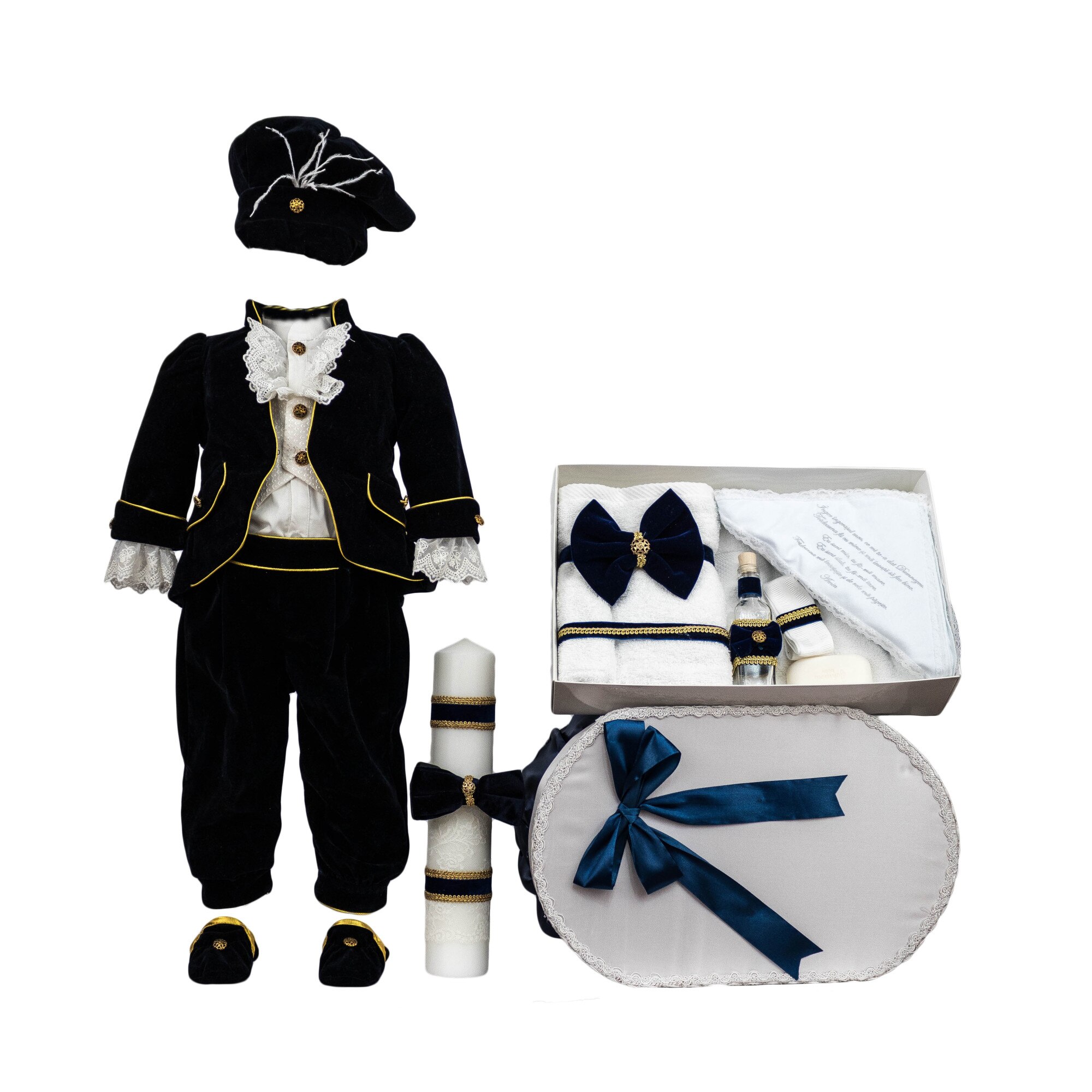 Set botez Printul Fericit din catifea bleumarin, patru piese, varsta 3-6 luni
