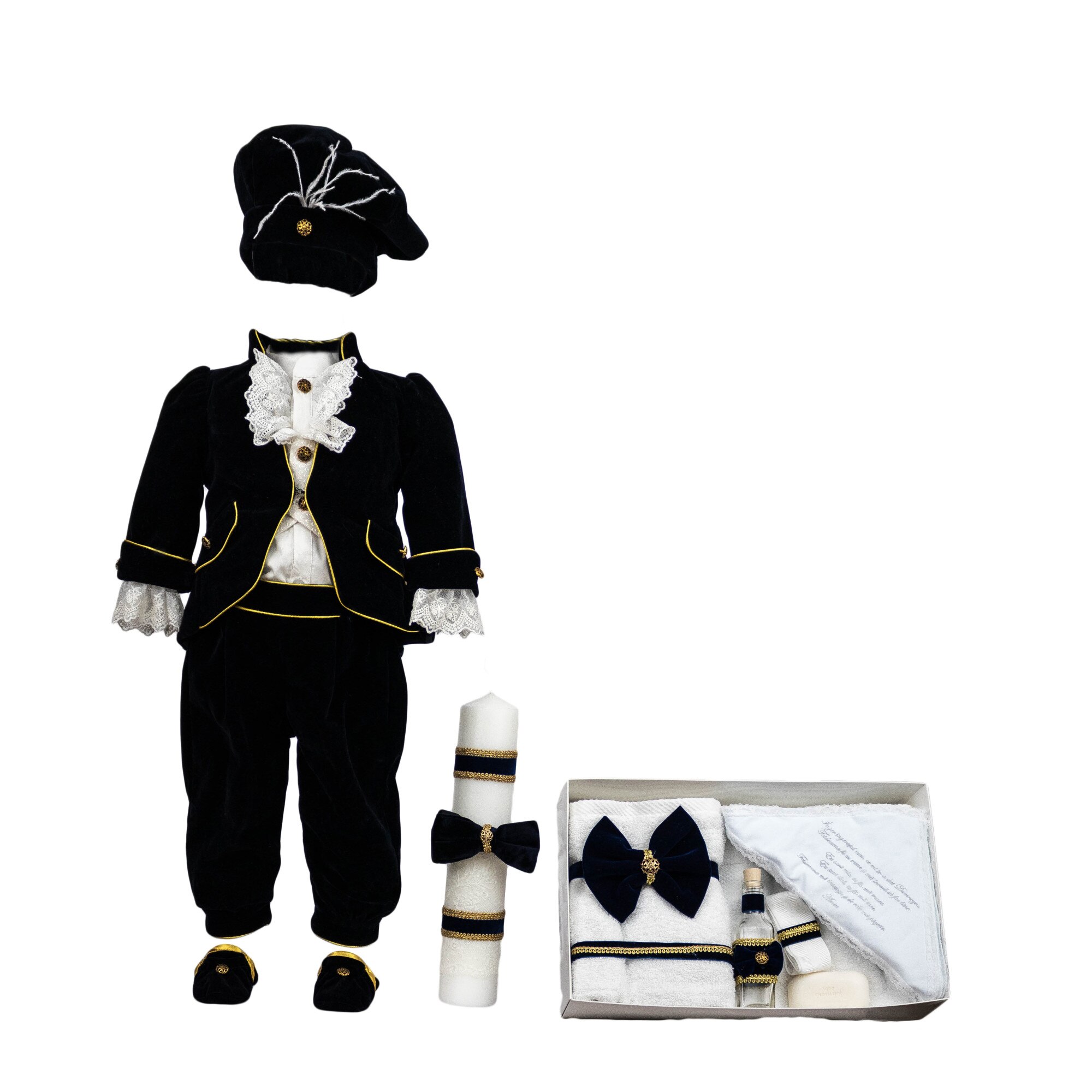 Set botez Printul Fericit din catifea bleumarin, trei piese, varsta 6-9 luni