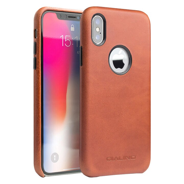 Husa iPhone X / XS - Qialino, slim piele naturala, tip back cover, culoare Maro tabac