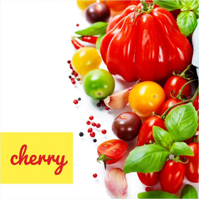 Tablou canvas, produs DekoStore, pentru bucatarie, inramat pe cadru de lemn, print HD, Rosii Cherry multicolore, 40x40 cm