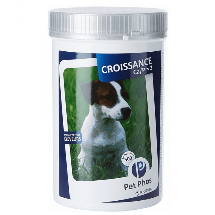 Supliment pentru caini Pet Phos Croissance Ca/P 2, 500 Tablete