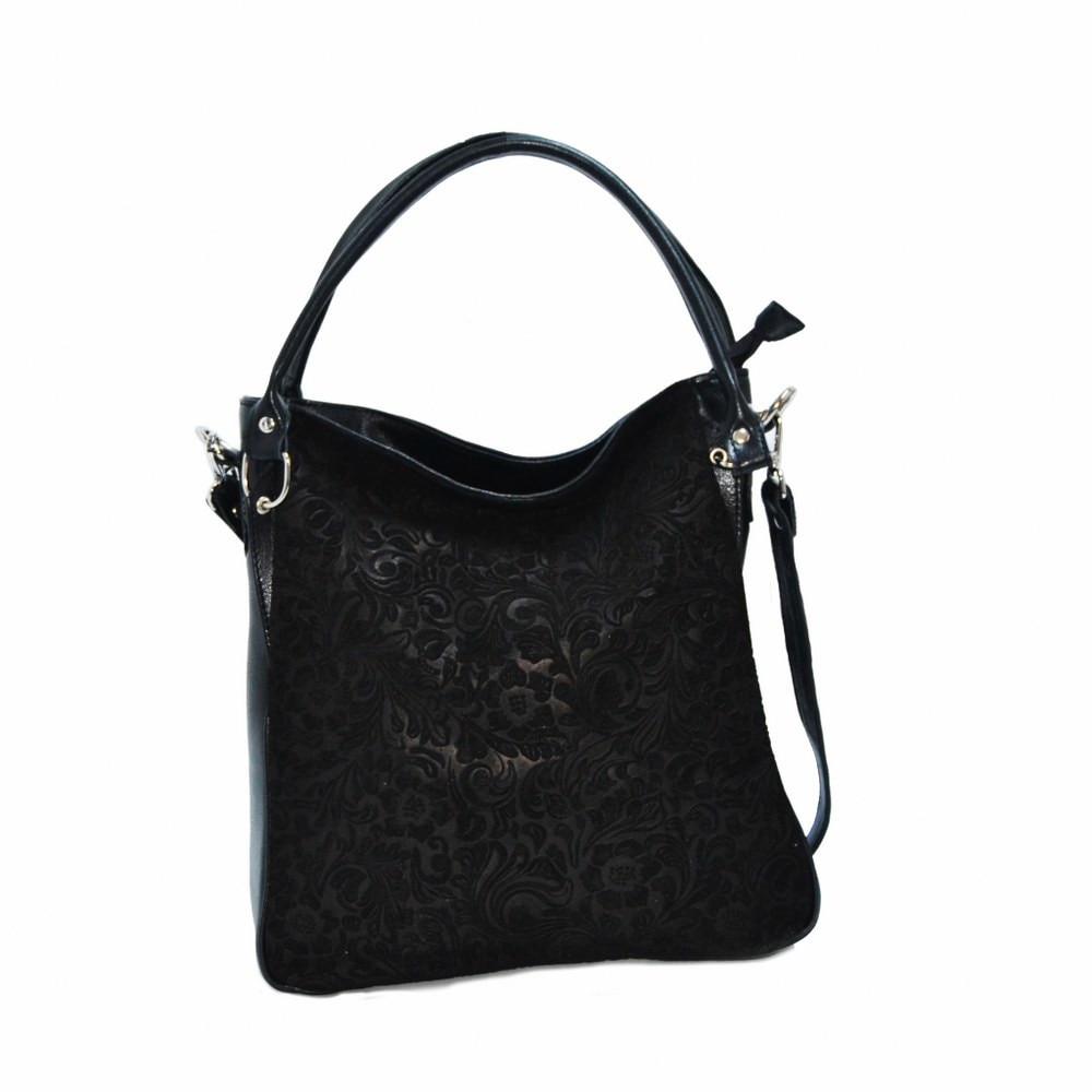 Geanta dama,Zea,piele naturala,neagra,florala