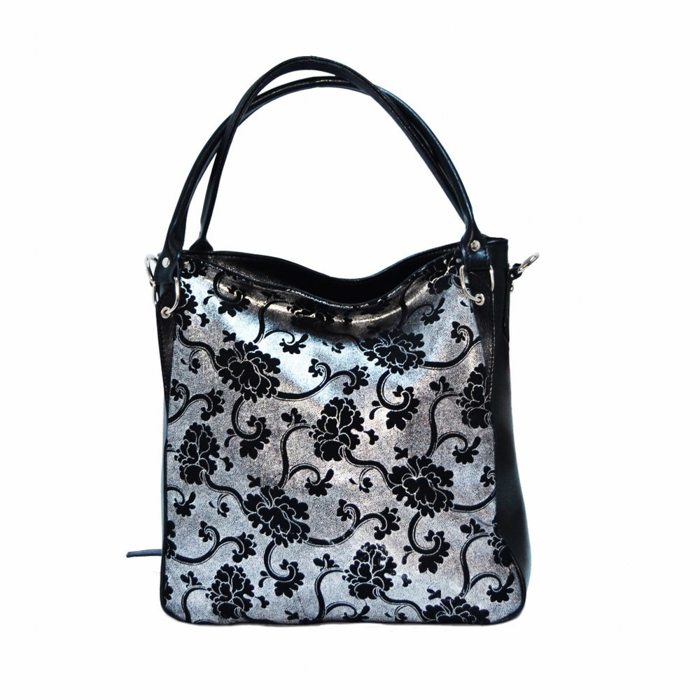 Geanta dama,Zea,piele naturala,neagra,floral argintiu