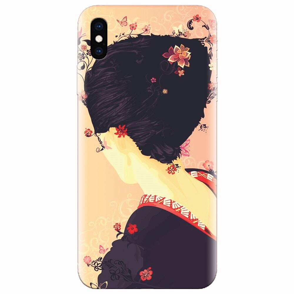 Husa silicon pentru Apple Iphone XS, Japanese Geisha Illustration Cherry Blossom