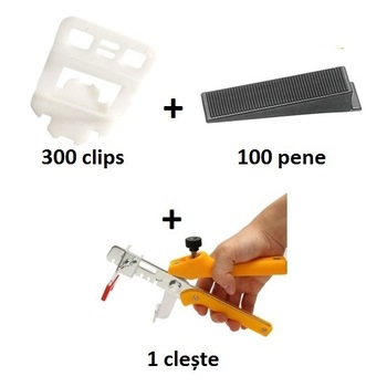 Pachet sistem nivelare gresie EXPERT 3 - 300 clips 2 mm, 100 pene, 1 cleste metalic Pachet sistem nivelare gresie EXPERT 3 - 300 clips 2 mm, 100 pene, 1 cleste metalic