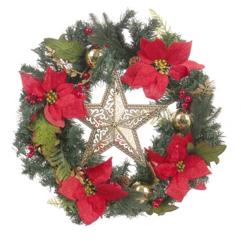 Coronita decorativa IDL Happy Flower, 50 cm recomandata pentru amenajarea spatiului interior, aducand o nota distincta incaperii in preajma sarbatorilor, Alcatuita din elemente simbolice: craciunite si globulete, Culoare rosu-verde Coronita decorativa IDL Happy Flower, 50 cm recomandata pentru amenajarea spatiului interior, aducand o nota distincta incaperii in preajma sarbatorilor, Alcatuita din elemente simbolice: craciunite si globulete, Culoare rosu-verde