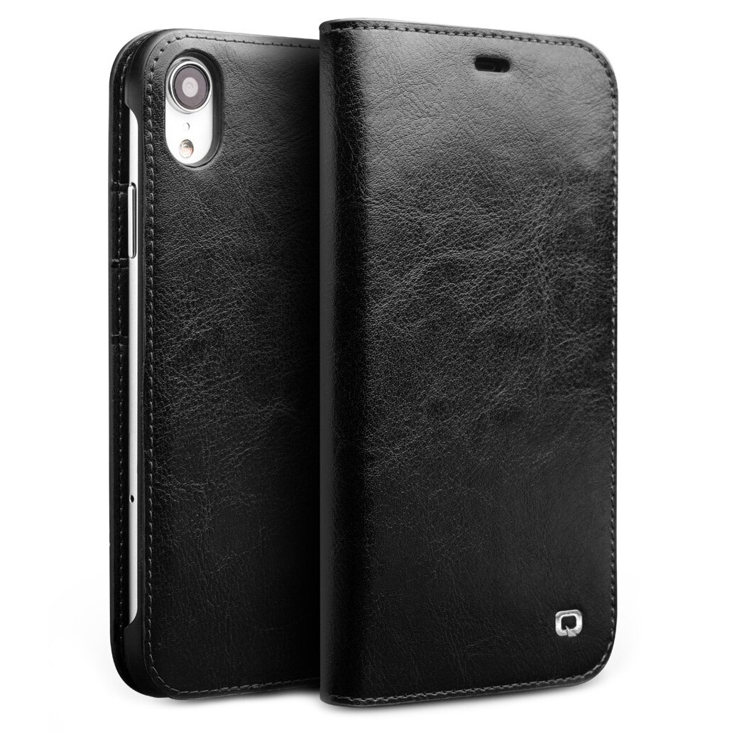 Husa iPhone XR, Qialino Classic Wallet, din piele fina tip carte, cu buzunare carduri si bani, culoare Negru