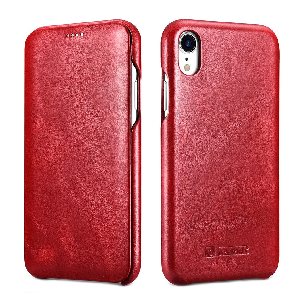 Husa iPhone XR, iCarer Vintage Curved, din piele, tip carte cu clapeta curbata, culoare Rosu burgund