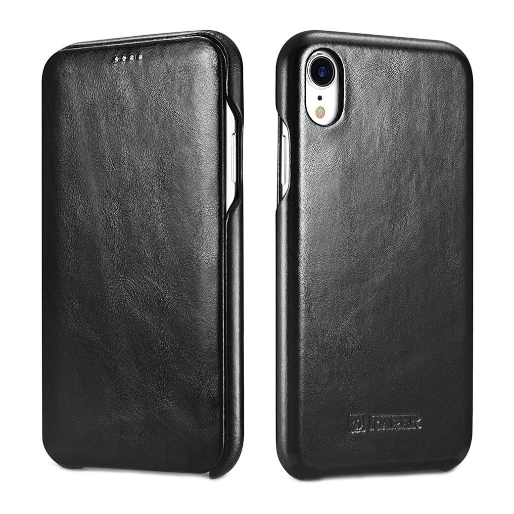 Husa iPhone XR, iCarer Vintage Curved, din piele, tip carte cu clapeta curbata, culoare Negru