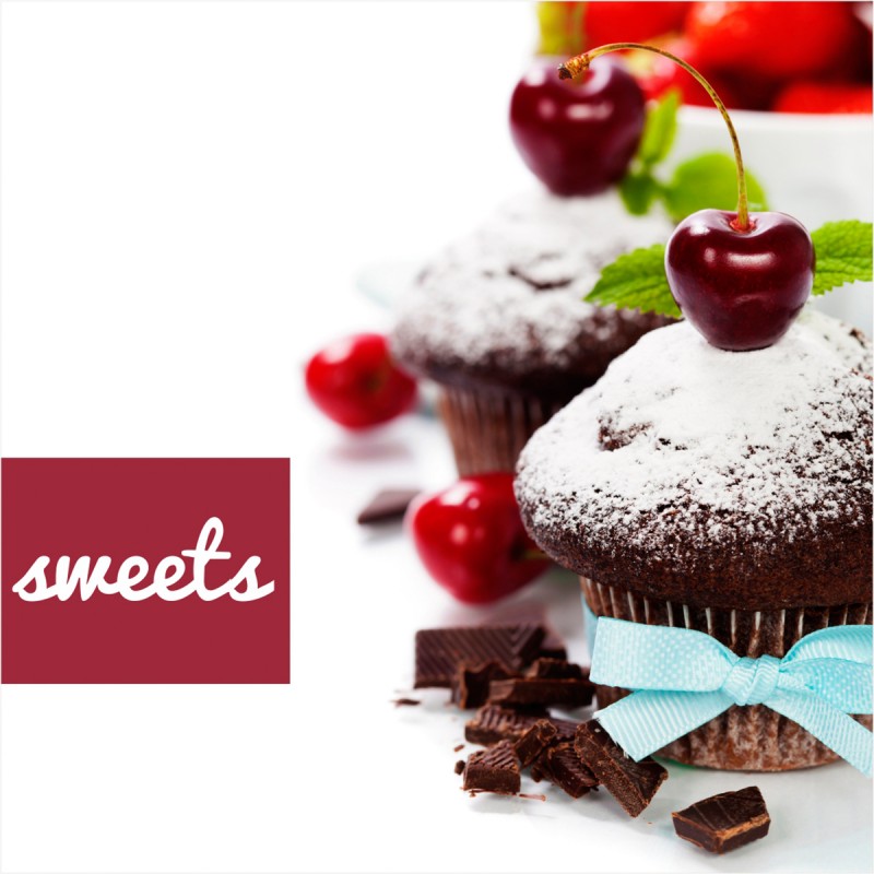 Tablou canvas, produs DekoStore, pentru bucatarie, inramat pe cadru de lemn, print HD, Briosa de ciocolata cu cirese, 40x40 cm