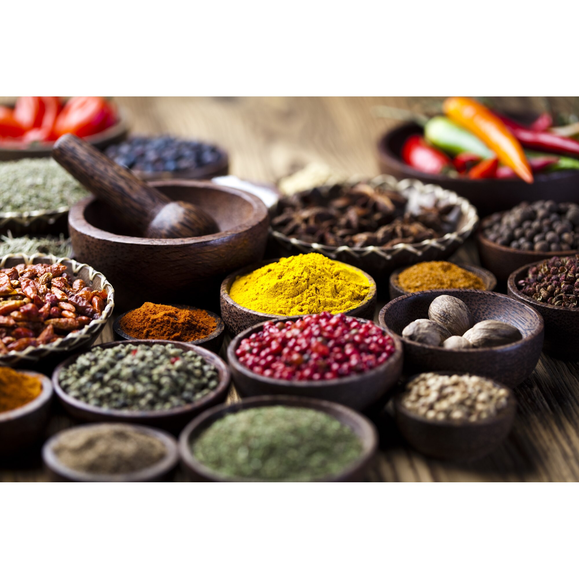 Tablou canvas, produs DekoStore, pentru bucatarie, inramat pe cadru de lemn, print HD, Mojar printre condimente, 40x30 cm