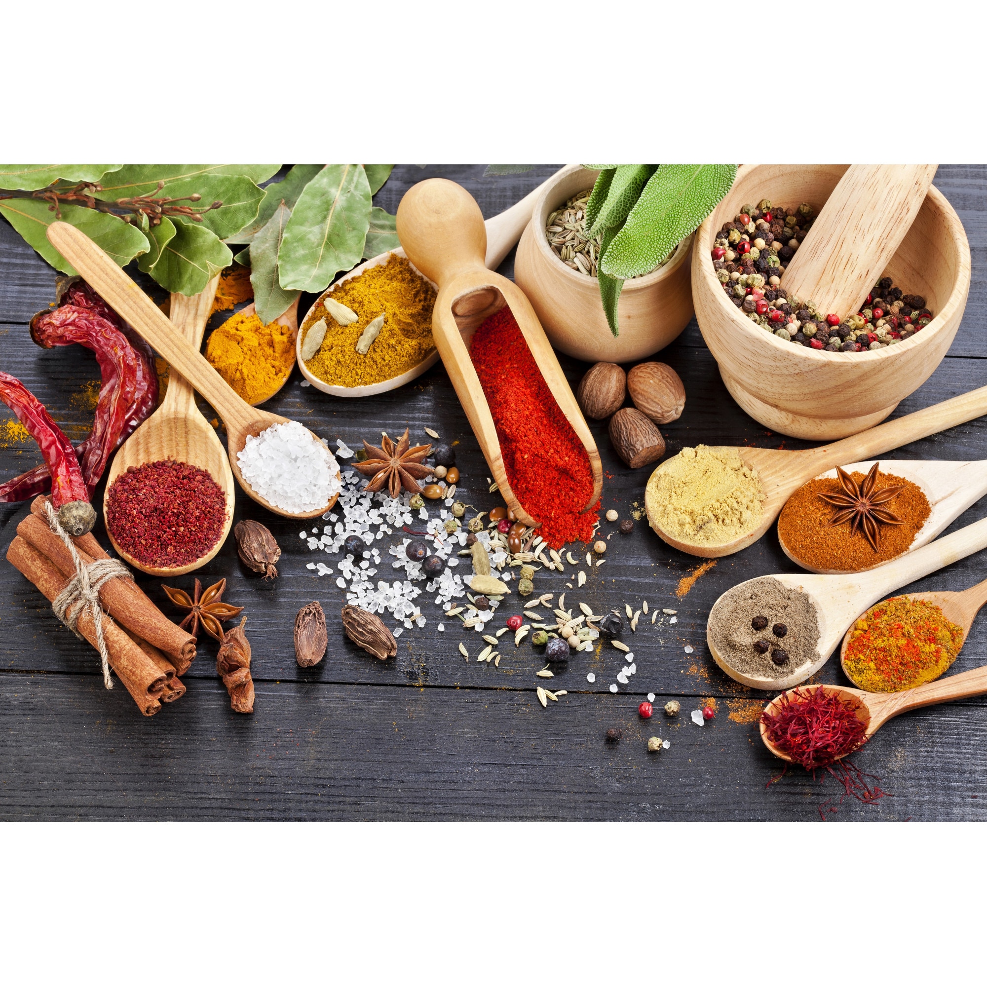 Tablou canvas, produs DekoStore, pentru bucatarie, inramat pe cadru de lemn, print HD, Linguri de lemn si condimente, 80x60 cm