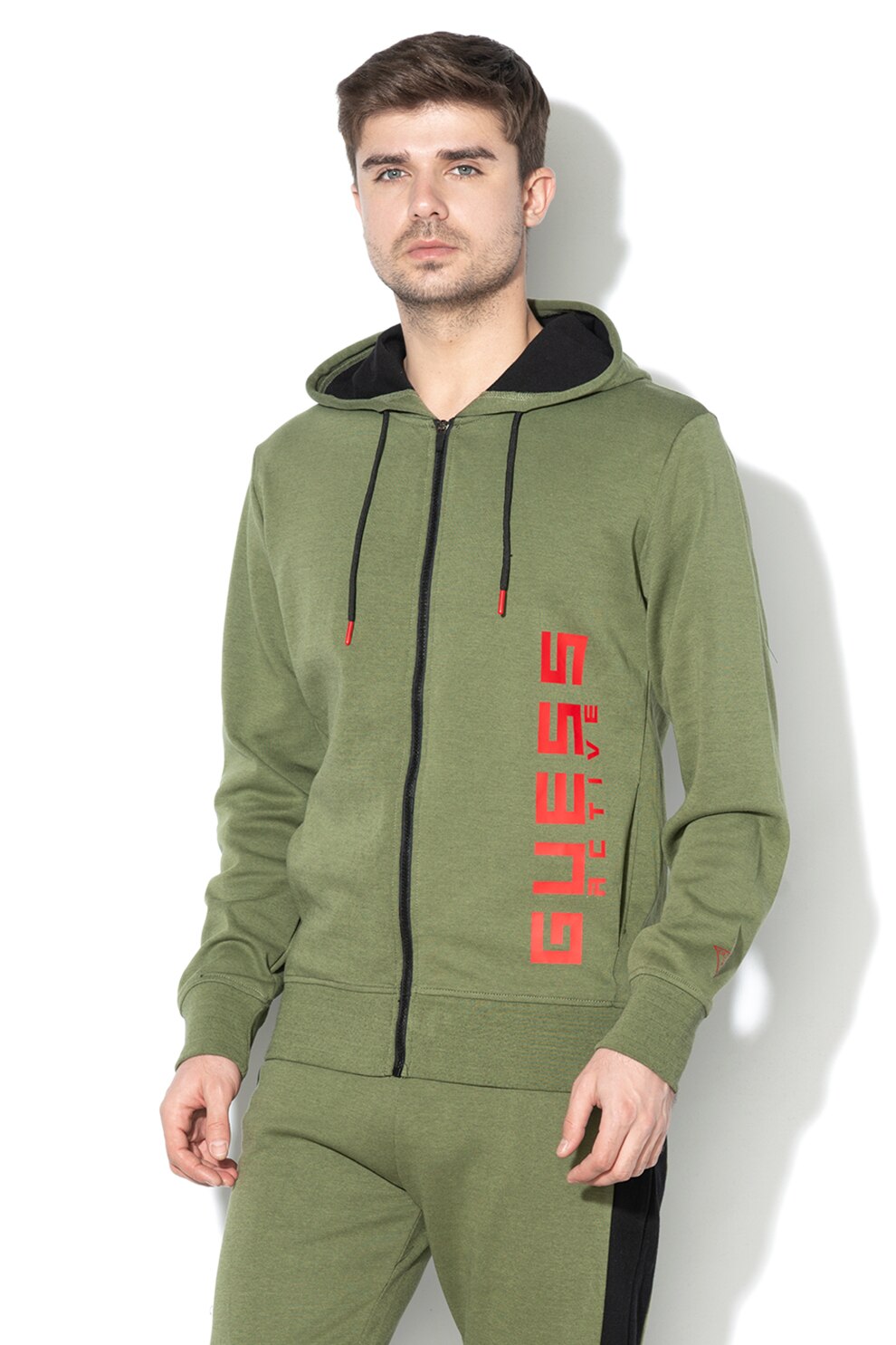 Guess, Hanorac cu fermoar si logo, Verde, M