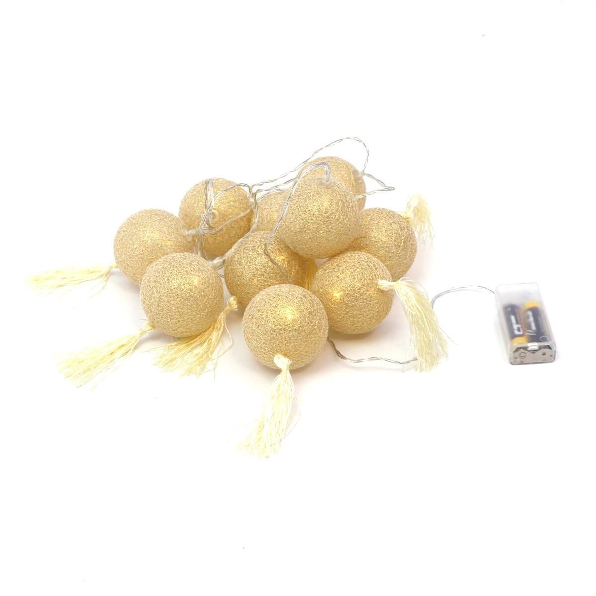 Lant cu luminite LED Platinet , cu 10 bile , bumbac cu ciucuri ,auriu