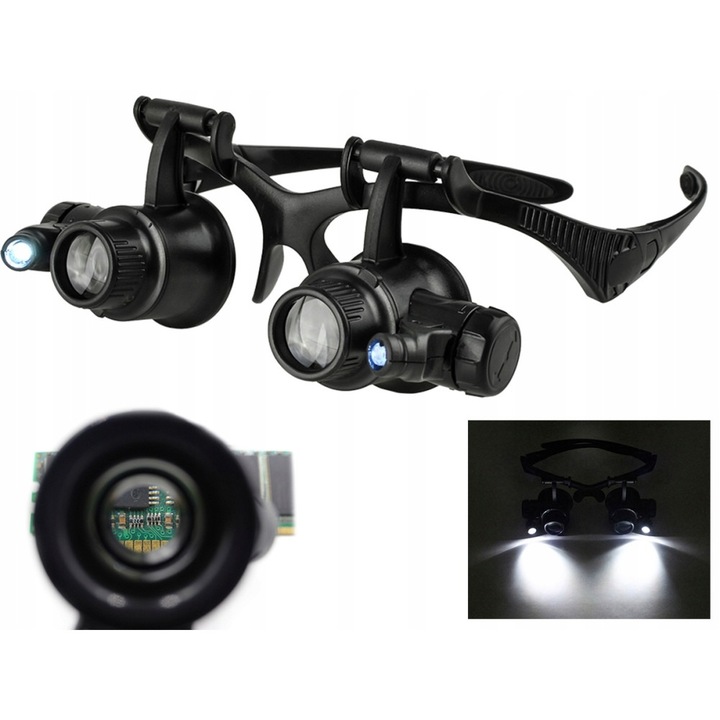 Ochelari cu Lupa si Lumina LED pentru Cesornicarie si Electronica Fina, Marire Lupa 20x