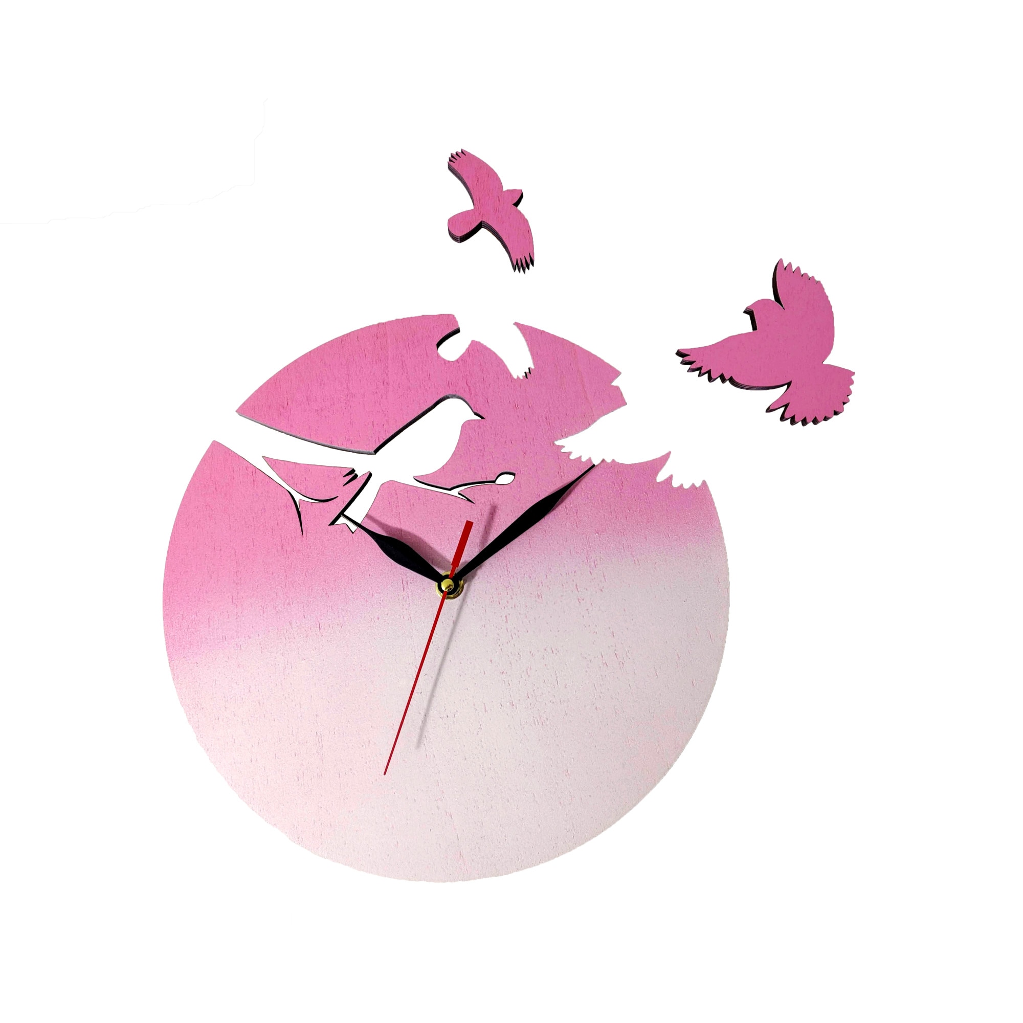 Ceas de perete cu pasari in gradient alb-roz