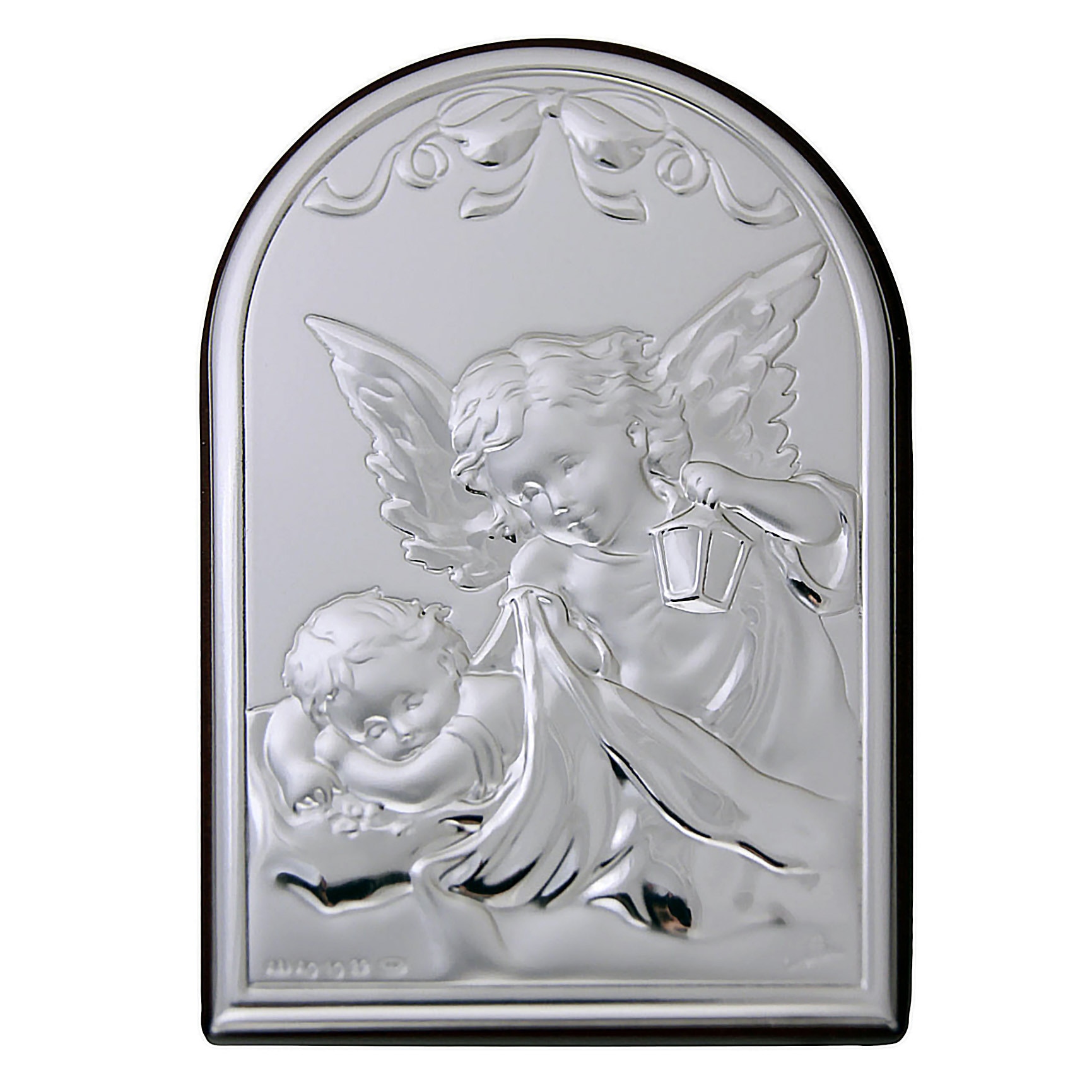 Icoana placata cu argint - Ingerasul si copilul - Finisaj lemn alun, 12x8 cm, arcada, 3/4