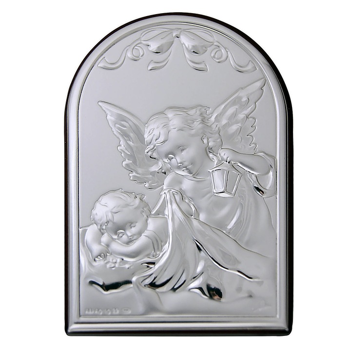 Icoana placata cu argint - Ingerasul si copilul - Finisaj lemn alun, 12x8 cm, arcada, 3/4